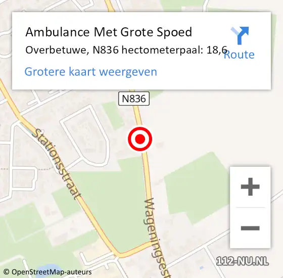 Locatie op kaart van de 112 melding: Ambulance Met Grote Spoed Naar Overbetuwe, N836 hectometerpaal: 18,6 op 20 november 2021 23:57