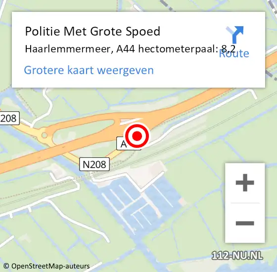 Locatie op kaart van de 112 melding: Politie Met Grote Spoed Naar Haarlemmermeer, A44 hectometerpaal: 8,2 op 21 november 2021 02:40