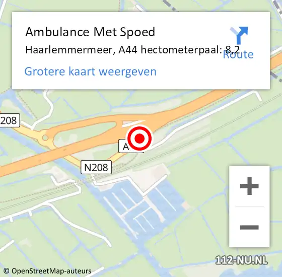 Locatie op kaart van de 112 melding: Ambulance Met Spoed Naar Haarlemmermeer, A44 hectometerpaal: 8,2 op 21 november 2021 02:54