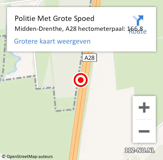 Locatie op kaart van de 112 melding: Politie Met Grote Spoed Naar Midden-Drenthe, A28 hectometerpaal: 166,8 op 21 november 2021 13:54