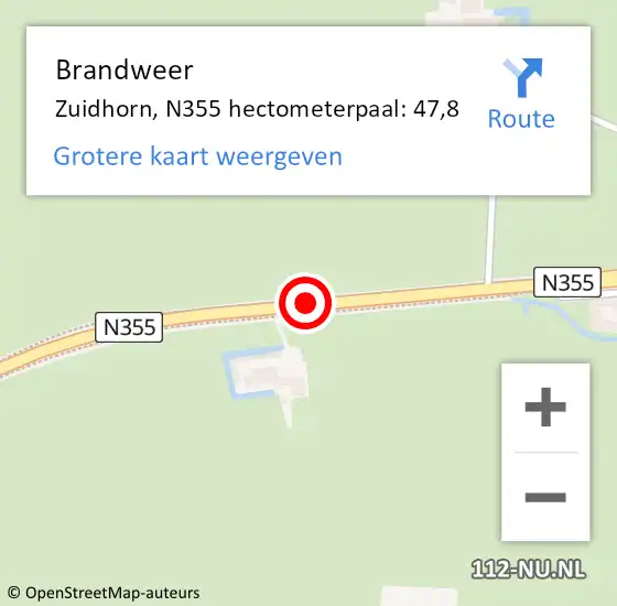 Locatie op kaart van de 112 melding: Brandweer Zuidhorn, N355 hectometerpaal: 47,8 op 21 november 2021 13:57