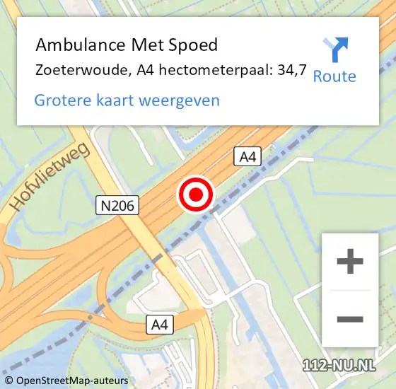 Locatie op kaart van de 112 melding: Ambulance Met Spoed Naar Zoeterwoude, A4 hectometerpaal: 34,7 op 21 november 2021 15:44