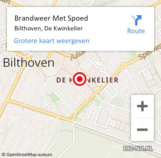 Locatie op kaart van de 112 melding: Brandweer Met Spoed Naar Bilthoven, De Kwinkelier op 21 november 2021 15:55