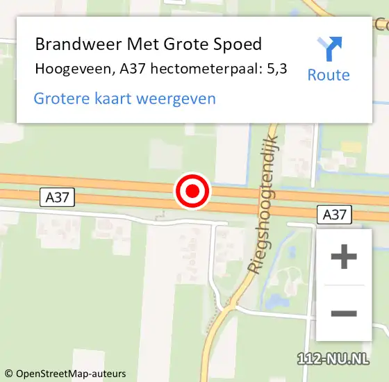 Locatie op kaart van de 112 melding: Brandweer Met Grote Spoed Naar Hoogeveen, A37 hectometerpaal: 5,3 op 21 november 2021 17:27