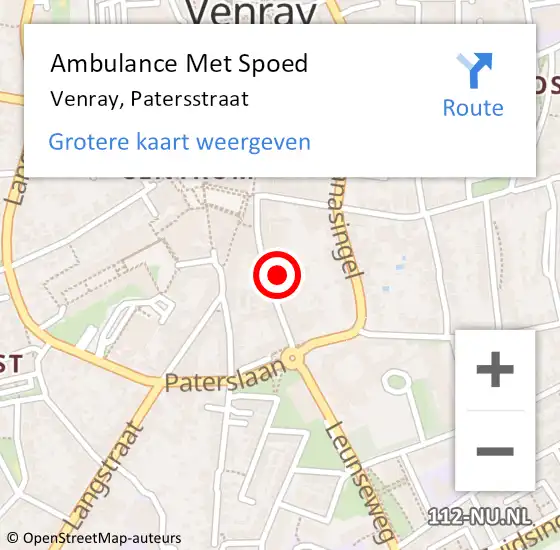 Locatie op kaart van de 112 melding: Ambulance Met Spoed Naar Venray, Patersstraat op 21 november 2021 19:16