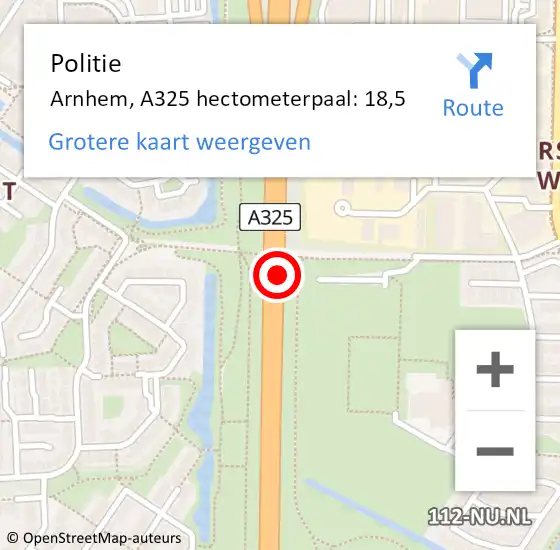 Locatie op kaart van de 112 melding: Politie Arnhem, A325 hectometerpaal: 18,5 op 21 november 2021 23:14