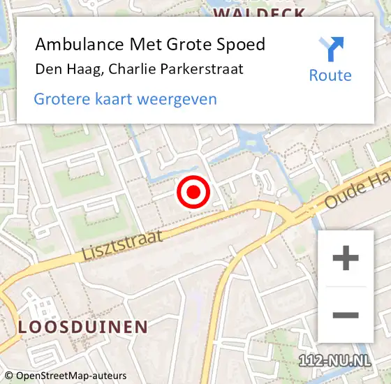Locatie op kaart van de 112 melding: Ambulance Met Grote Spoed Naar Den Haag, Charlie Parkerstraat op 21 november 2021 23:19