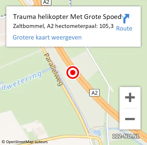 Locatie op kaart van de 112 melding: Trauma helikopter Met Grote Spoed Naar Zaltbommel, A2 hectometerpaal: 105,3 op 22 november 2021 03:54