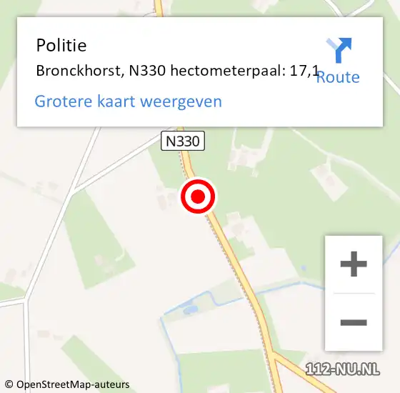 Locatie op kaart van de 112 melding: Politie Bronckhorst, N330 hectometerpaal: 17,1 op 22 november 2021 06:07