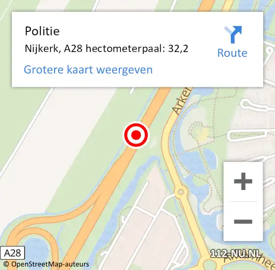 Locatie op kaart van de 112 melding: Politie Nijkerk, A28 hectometerpaal: 32,2 op 22 november 2021 06:45