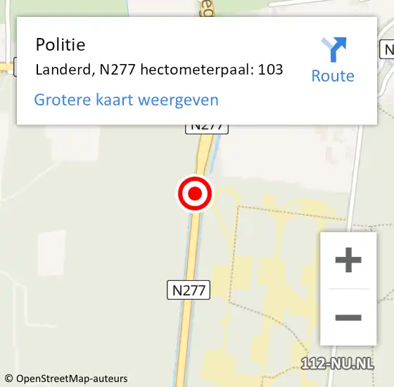 Locatie op kaart van de 112 melding: Politie Landerd, N277 hectometerpaal: 103 op 22 november 2021 07:48