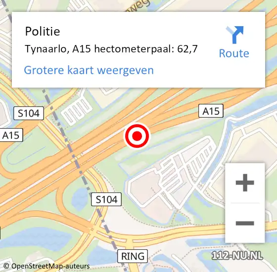 Locatie op kaart van de 112 melding: Politie Tynaarlo, A15 hectometerpaal: 62,7 op 22 november 2021 07:55