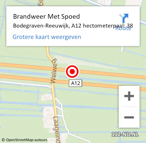 Locatie op kaart van de 112 melding: Brandweer Met Spoed Naar Bodegraven-Reeuwijk, A12 hectometerpaal: 38 op 22 november 2021 09:05