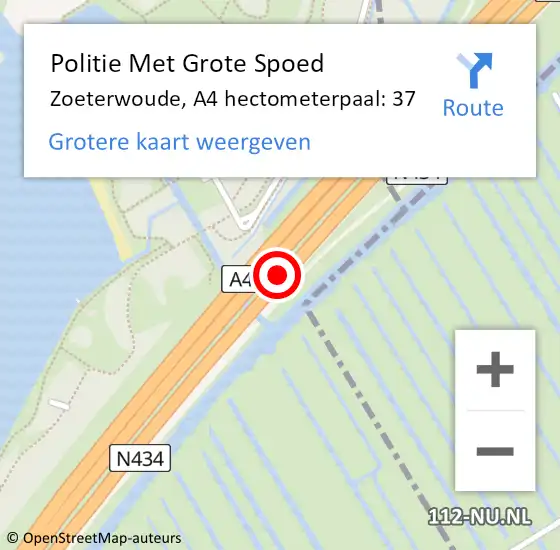 Locatie op kaart van de 112 melding: Politie Met Grote Spoed Naar Zoeterwoude, A4 hectometerpaal: 37 op 22 november 2021 09:33