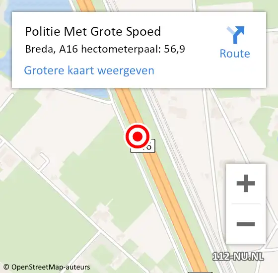 Locatie op kaart van de 112 melding: Politie Met Grote Spoed Naar Breda, A16 hectometerpaal: 56,9 op 22 november 2021 11:02
