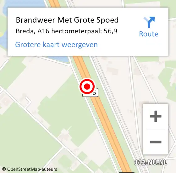 Locatie op kaart van de 112 melding: Brandweer Met Grote Spoed Naar Breda, A16 hectometerpaal: 56,9 op 22 november 2021 11:02