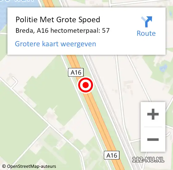 Locatie op kaart van de 112 melding: Politie Met Grote Spoed Naar Breda, A16 hectometerpaal: 57 op 22 november 2021 11:02