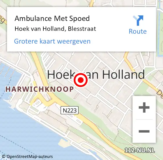 Locatie op kaart van de 112 melding: Ambulance Met Spoed Naar Hoek van Holland, Blesstraat op 22 november 2021 12:11