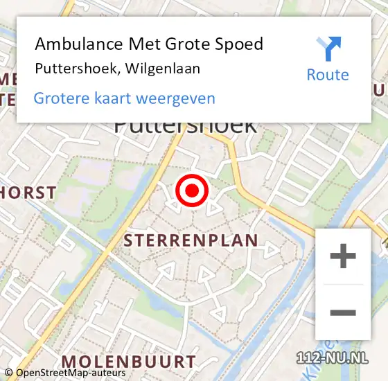 Locatie op kaart van de 112 melding: Ambulance Met Grote Spoed Naar Puttershoek, Wilgenlaan op 22 november 2021 12:43