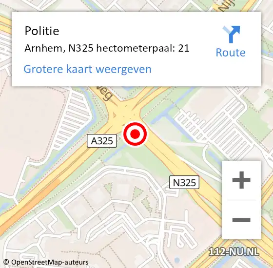 Locatie op kaart van de 112 melding: Politie Arnhem, N325 hectometerpaal: 21 op 22 november 2021 13:53