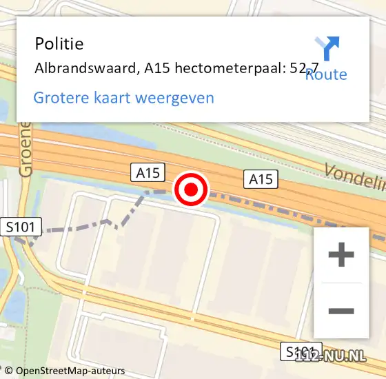 Locatie op kaart van de 112 melding: Politie Albrandswaard, A15 hectometerpaal: 52,7 op 22 november 2021 14:09