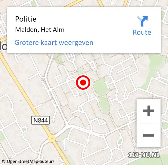 Locatie op kaart van de 112 melding: Politie Malden, Het Alm op 22 november 2021 14:25