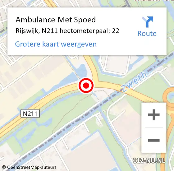 Locatie op kaart van de 112 melding: Ambulance Met Spoed Naar Rijswijk, N211 hectometerpaal: 22 op 22 november 2021 14:25