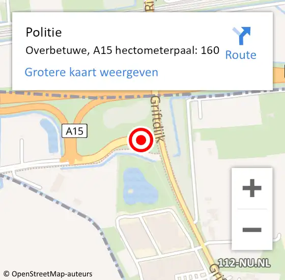 Locatie op kaart van de 112 melding: Politie Overbetuwe, A15 hectometerpaal: 160 op 22 november 2021 14:39