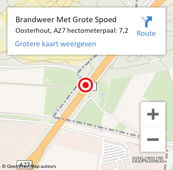 Locatie op kaart van de 112 melding: Brandweer Met Grote Spoed Naar Oosterhout, A27 hectometerpaal: 7,2 op 22 november 2021 15:09