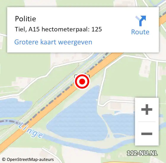 Locatie op kaart van de 112 melding: Politie Tiel, A15 hectometerpaal: 125 op 22 november 2021 16:21