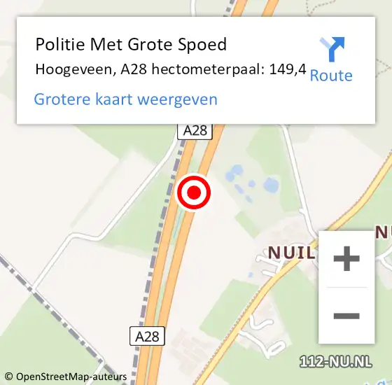 Locatie op kaart van de 112 melding: Politie Met Grote Spoed Naar Hoogeveen, A28 hectometerpaal: 149,4 op 22 november 2021 16:35