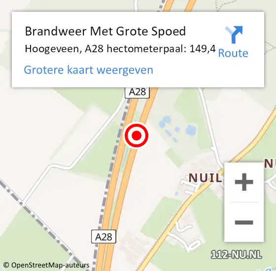 Locatie op kaart van de 112 melding: Brandweer Met Grote Spoed Naar Hoogeveen, A28 hectometerpaal: 149,4 op 22 november 2021 16:37