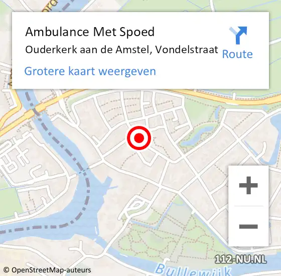 Locatie op kaart van de 112 melding: Ambulance Met Spoed Naar Ouderkerk aan de Amstel, Vondelstraat op 22 november 2021 16:38