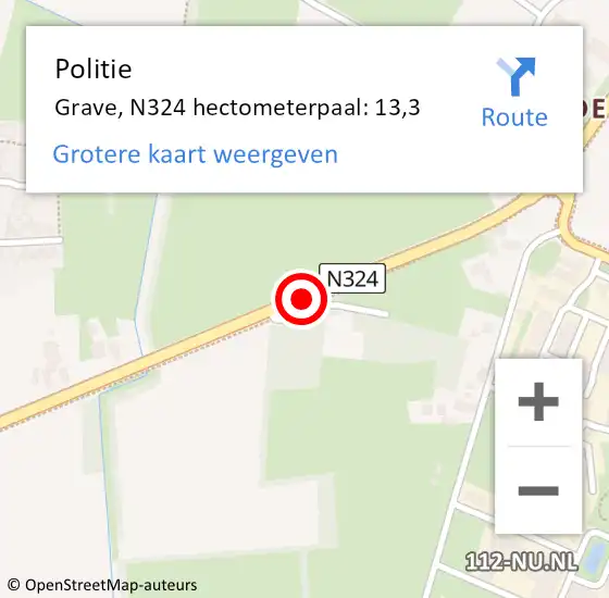 Locatie op kaart van de 112 melding: Politie Grave, N324 hectometerpaal: 13,3 op 22 november 2021 17:23