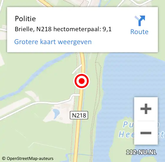 Locatie op kaart van de 112 melding: Politie Brielle, N218 hectometerpaal: 9,1 op 22 november 2021 17:24