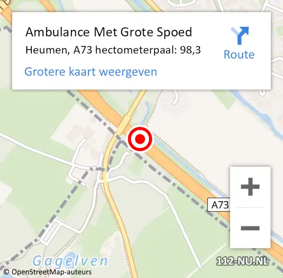 Locatie op kaart van de 112 melding: Ambulance Met Grote Spoed Naar Heumen, A73 hectometerpaal: 98,3 op 22 november 2021 19:59