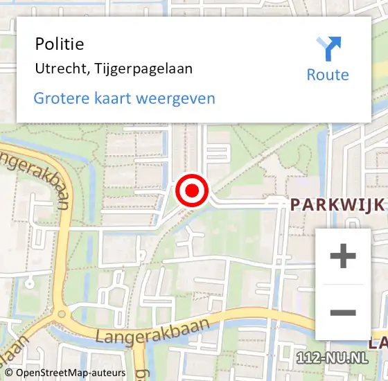 Locatie op kaart van de 112 melding: Politie Utrecht, Tijgerpagelaan op 22 november 2021 20:09