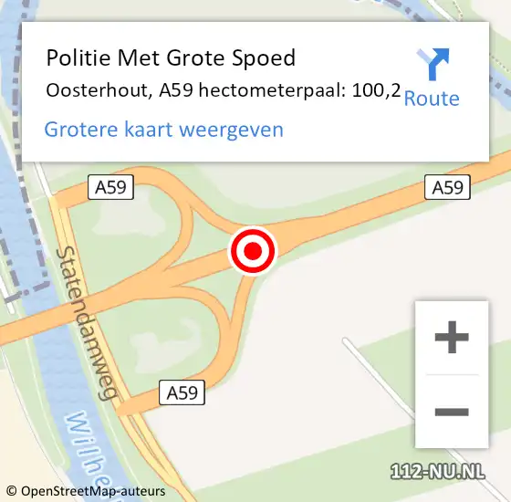 Locatie op kaart van de 112 melding: Politie Met Grote Spoed Naar Oosterhout, A59 hectometerpaal: 100,2 op 22 november 2021 22:41