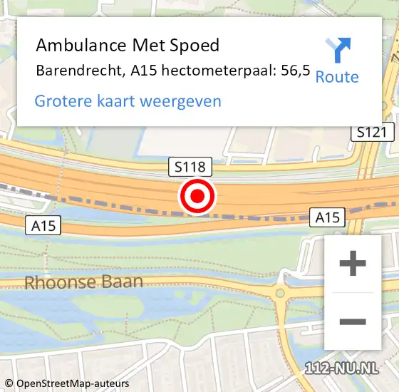 Locatie op kaart van de 112 melding: Ambulance Met Spoed Naar Barendrecht, A15 hectometerpaal: 56,5 op 23 november 2021 06:34