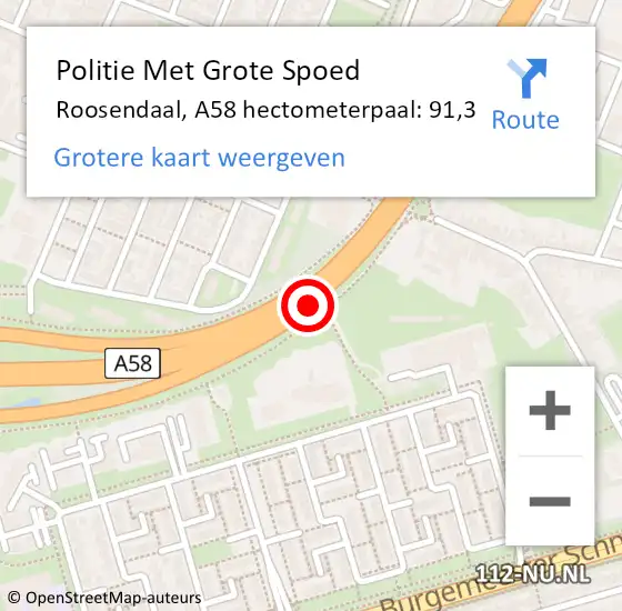 Locatie op kaart van de 112 melding: Politie Met Grote Spoed Naar Roosendaal, A58 hectometerpaal: 91,3 op 23 november 2021 07:50