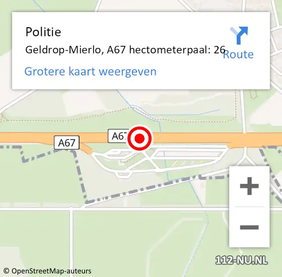 Locatie op kaart van de 112 melding: Politie Geldrop-Mierlo, A67 hectometerpaal: 26 op 23 november 2021 08:26