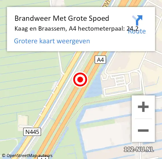 Locatie op kaart van de 112 melding: Brandweer Met Grote Spoed Naar Kaag en Braassem, A4 hectometerpaal: 24,2 op 23 november 2021 09:30