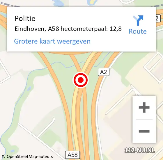 Locatie op kaart van de 112 melding: Politie Eindhoven, A58 hectometerpaal: 12,8 op 23 november 2021 12:48