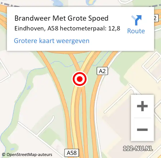 Locatie op kaart van de 112 melding: Brandweer Met Grote Spoed Naar Eindhoven, A58 hectometerpaal: 12,8 op 23 november 2021 12:48