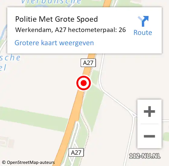 Locatie op kaart van de 112 melding: Politie Met Grote Spoed Naar Werkendam, A27 hectometerpaal: 26 op 23 november 2021 13:11
