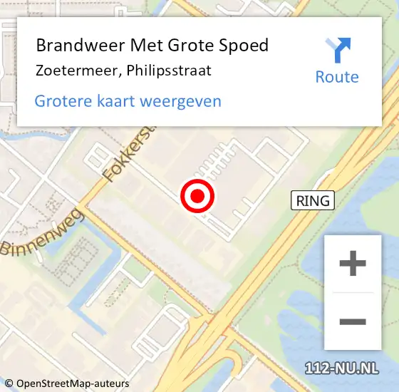 Locatie op kaart van de 112 melding: Brandweer Met Grote Spoed Naar Zoetermeer, Philipsstraat op 23 november 2021 13:49