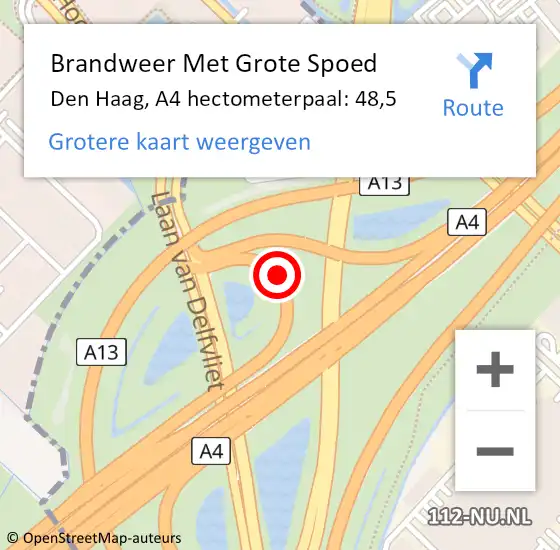 Locatie op kaart van de 112 melding: Brandweer Met Grote Spoed Naar Den Haag, A4 hectometerpaal: 48,5 op 23 november 2021 14:01