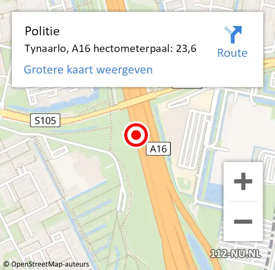 Locatie op kaart van de 112 melding: Politie Tynaarlo, A16 hectometerpaal: 23,6 op 23 november 2021 15:57