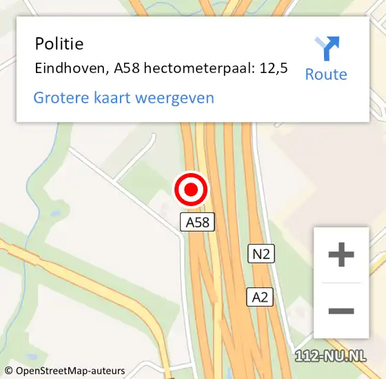 Locatie op kaart van de 112 melding: Politie Eindhoven, A58 hectometerpaal: 12,5 op 23 november 2021 16:45