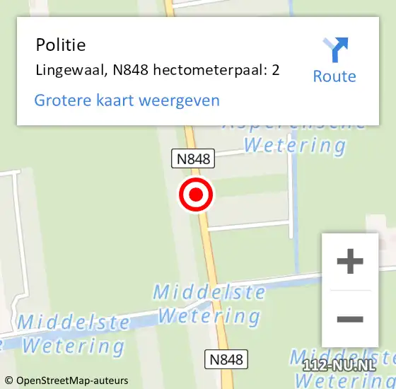 Locatie op kaart van de 112 melding: Politie Lingewaal, N848 hectometerpaal: 2 op 23 november 2021 17:03